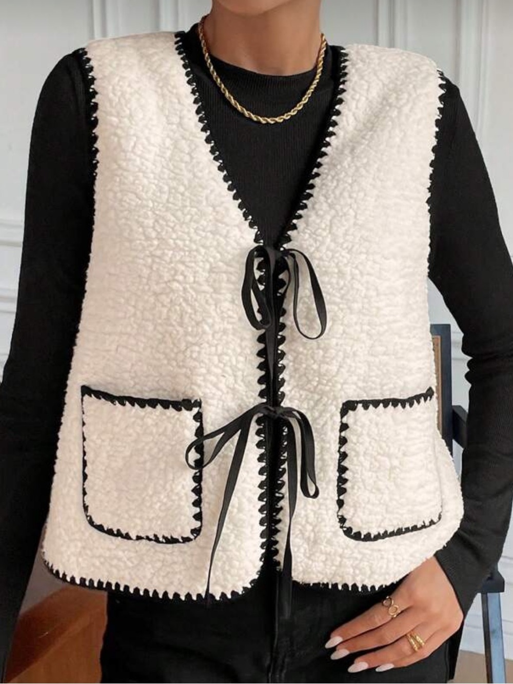 Sherpa Teddy Black White Soft Bow Tie Vest Cardigan